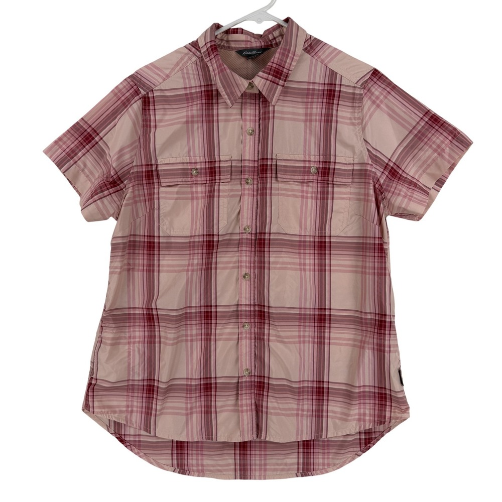 Eddie Bauer Shirt Womens Large Pink Plaid Short Sleeve Button Front Travel Top